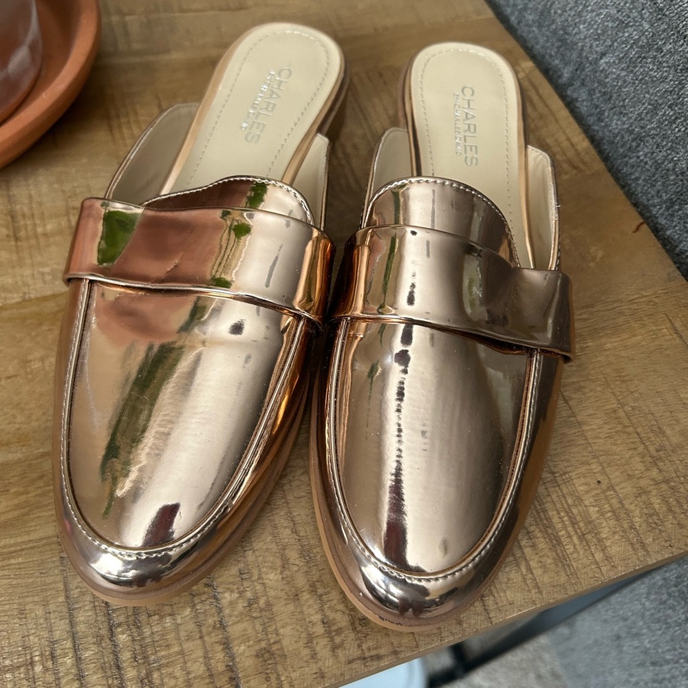 Charles By Charles David Gold Mules with Loafer Design